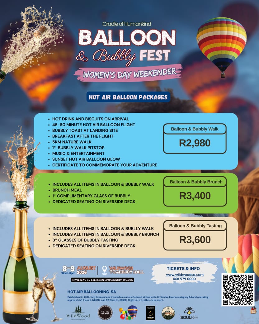 Balloon & Bubbly Fest 2026 Women's Day Weekender poster listing hot air balloon package options and prices